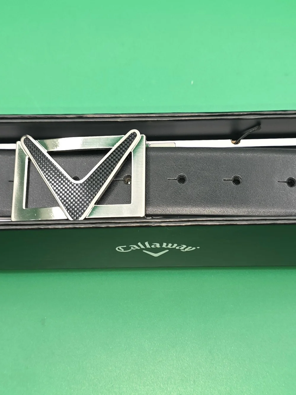 Callaway Black Leather Belt with Silver V Buckle Accent